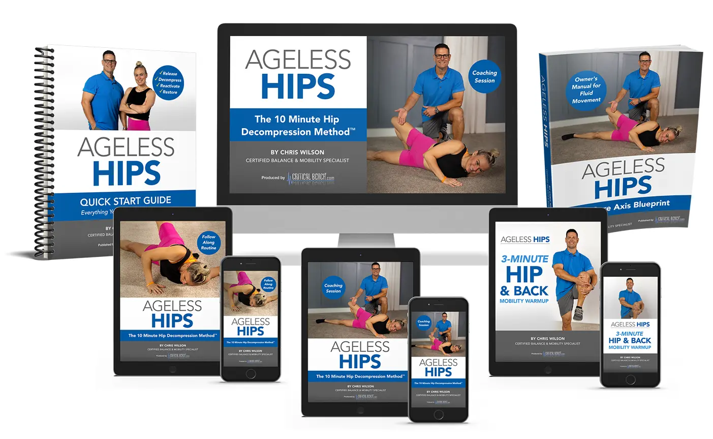 The complete Ageless Hips system on desktop, tablet, phone and in print