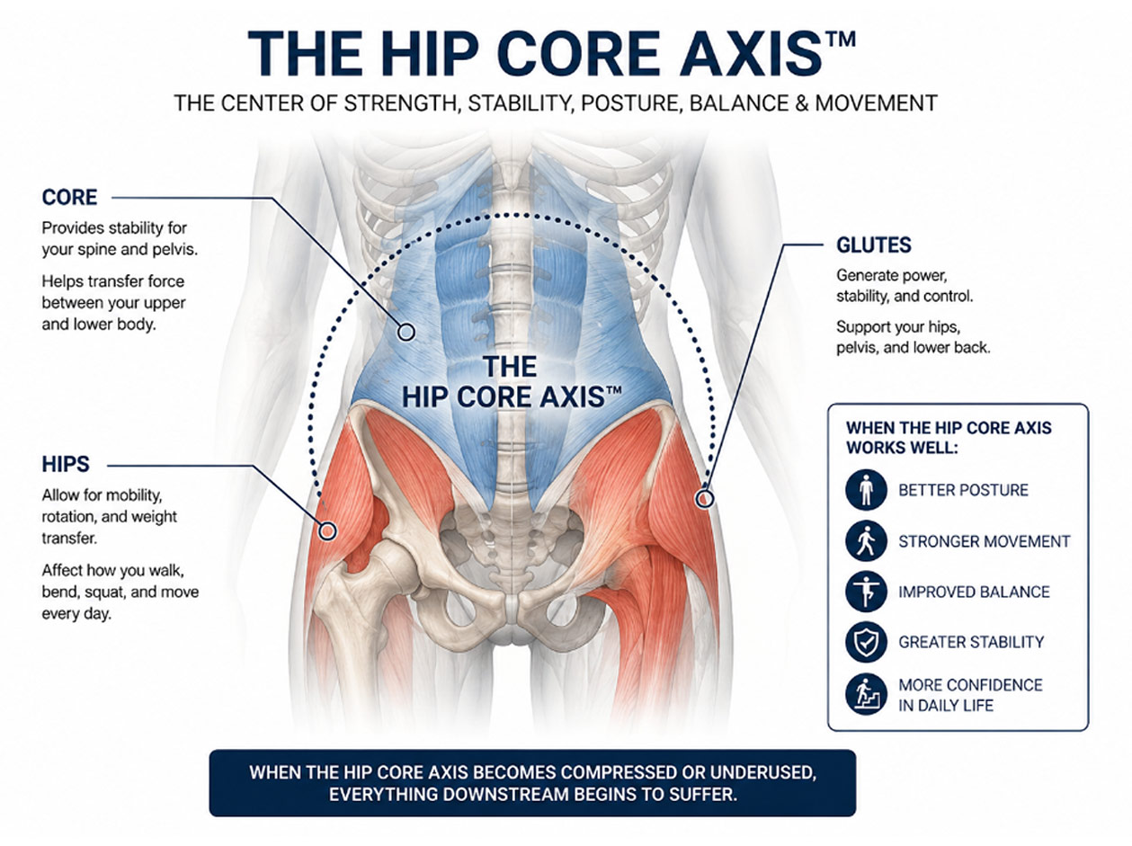 The Hip Core Axis diagram: the center of strength, stability, posture, balance and movement