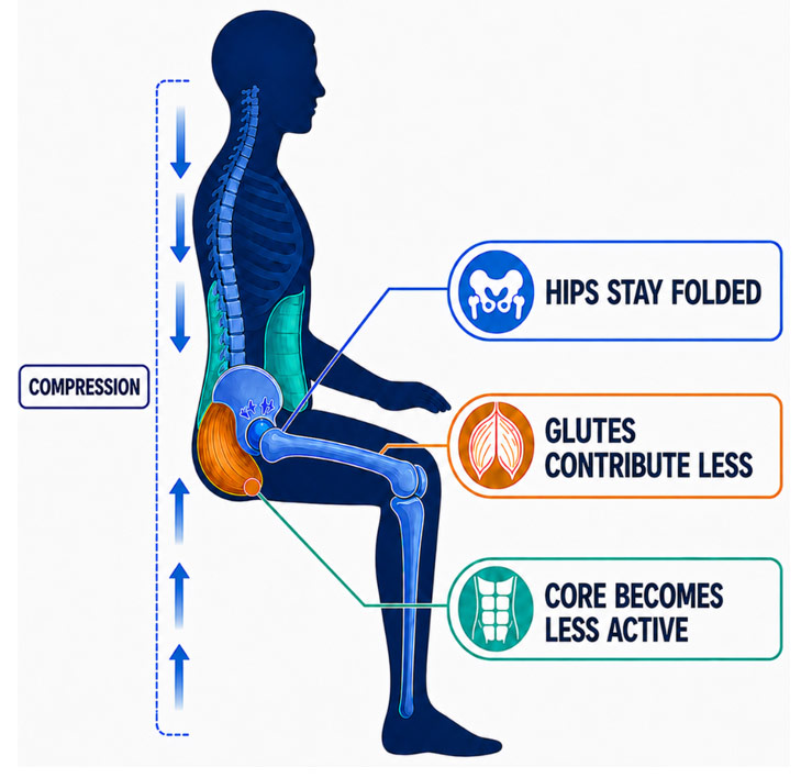 Diagram showing how sitting compresses the hips, glutes, and core