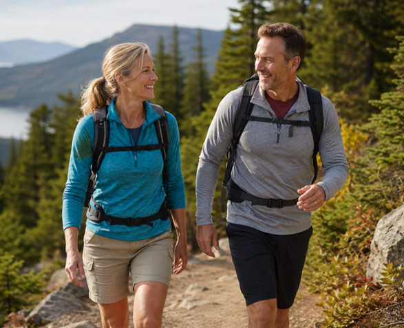 A couple hiking a mountain trail together