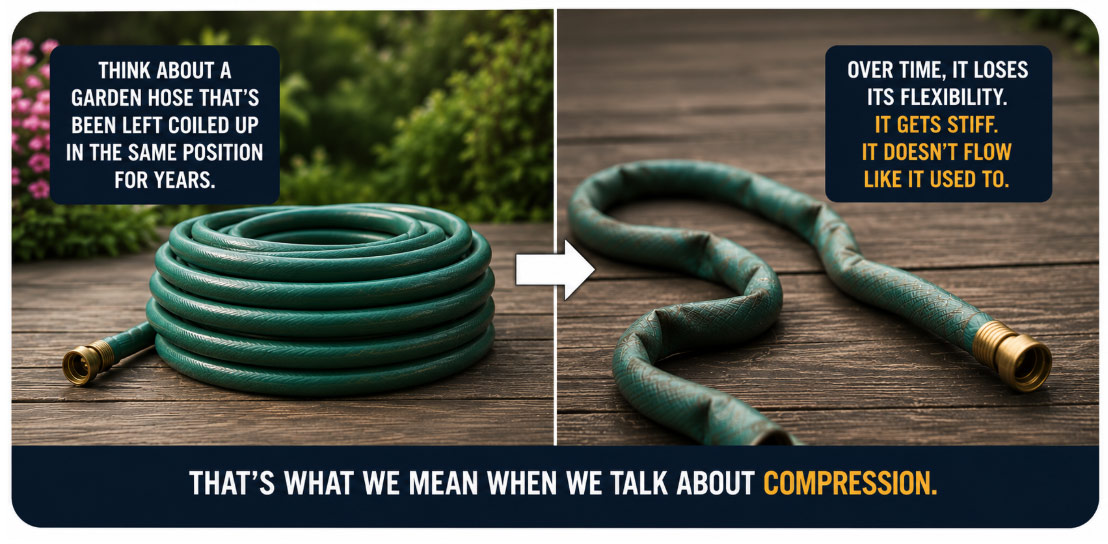 A garden hose left coiled for years loses its flexibility, just like the body under everyday compression